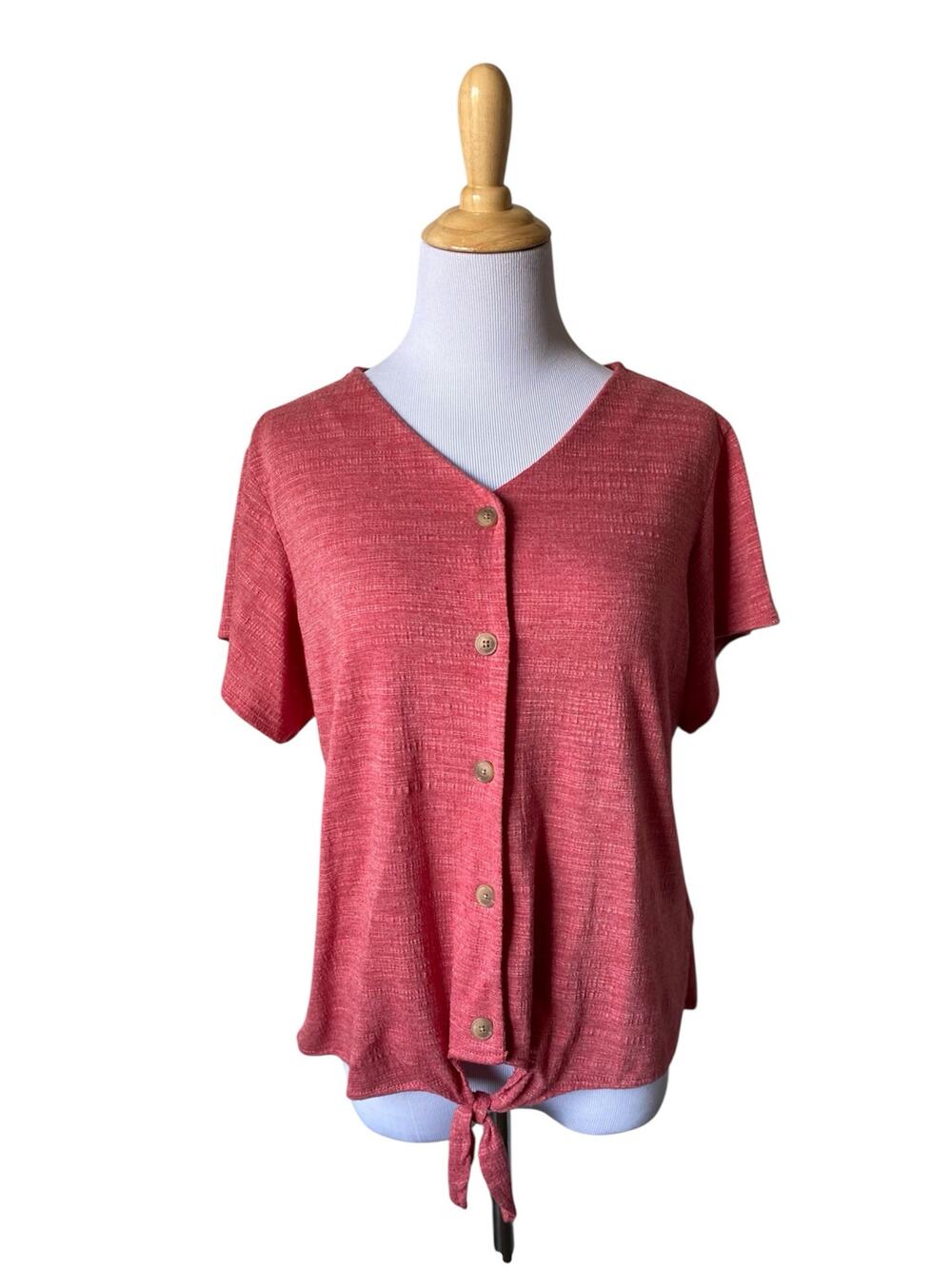 Weatherproof Vintage Pink Button Up Tie Knot Front V Neck Short Sleeved Blouse
